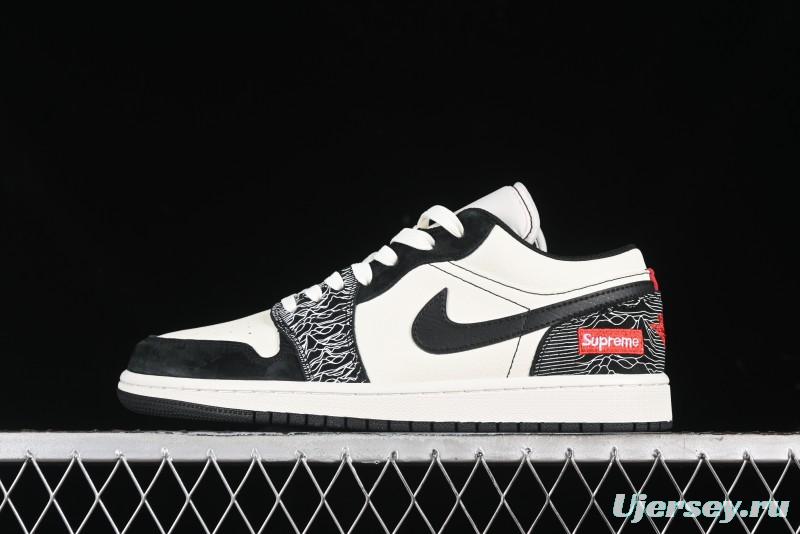 Nike Air Jordan 1 Low Supreme Collaboration - Black White Embossed Custom Retro Basketball Shoes DC2024-032