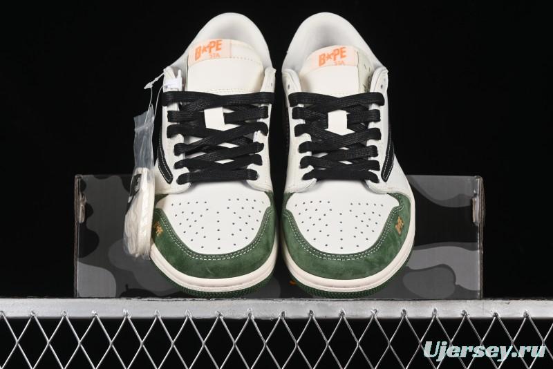 Nike Travis Scott x Fragment Design x Air Jordan 1 Low OG SP AJ1 Bape Collaboration - Jungle Green Low Top Casual Sneakers - XY2688-107