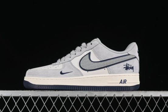 Nike Air Force 1 '07 Low Stussy Collaboration - Grey Pigskin Blue Sole Low-Top Casual Sneakers - XZ3318-028