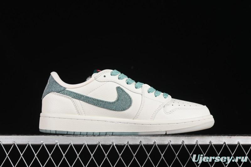 Nike Travis Scott x Fragment Design x Air Jordan 1 Low OG SP AJ1 Supreme Collaboration - Green Canvas Swoosh Low-Top Casual Sneakers - JH6088-706