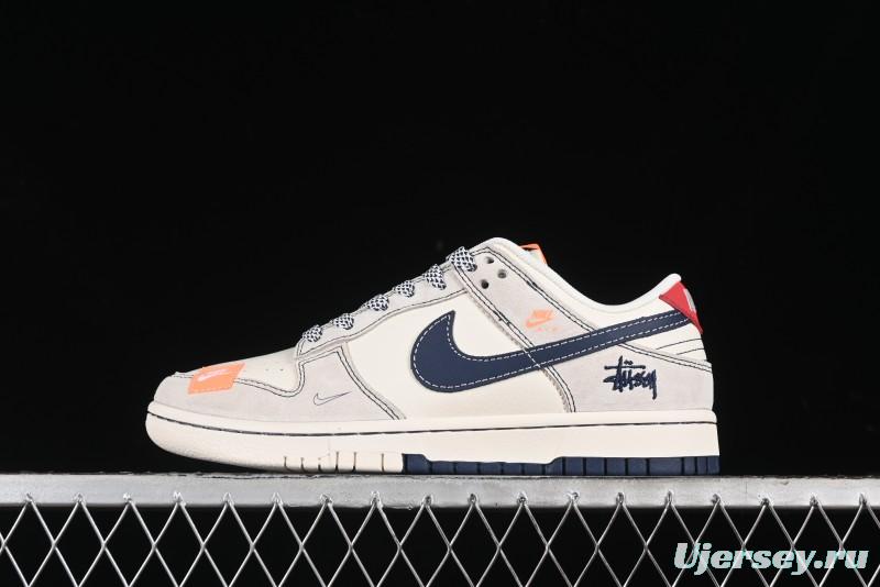 Nike SB Dunk Low Stussy Collaboration - Patchwork Grey White Dark Blue Swoosh Anniversary Custom Low-Top Casual Skate Shoes - MM1089-025