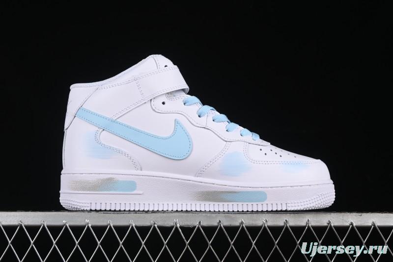 Nike Air Force 1 '07 Mid Light Blue Hand-Painted Cracked Three Stripes Shadow Mid-Top Casual Sneakers - CW2289-111