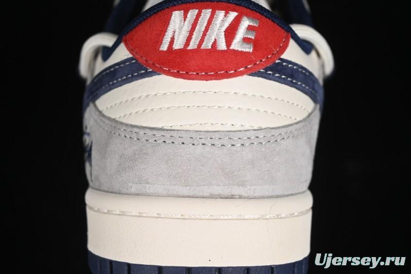 Nike SB Dunk Low Stussy Collaboration - Lace-Up Off White Navy Swoosh Anniversary High-End Custom Low-Top Casual Sneakers - SJ2068-308
