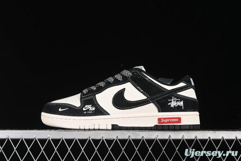 Nike SB Dunk Low Supreme x Stussy Triple Collaboration - Black White Black Swoosh Anniversary Custom Low Top Casual Skate Shoes - SJ2068-300