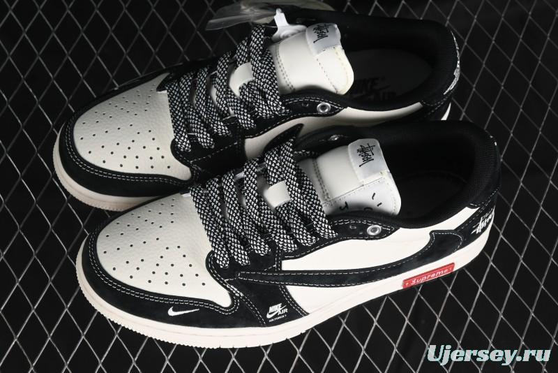 Nike Travis Scott x Fragment Design x Air Jordan 1 Low OG SP AJ1 Supreme Stussy Collaboration - Red Tab Black Warrior Low Top Casual Sneakers - SJ2068-124
