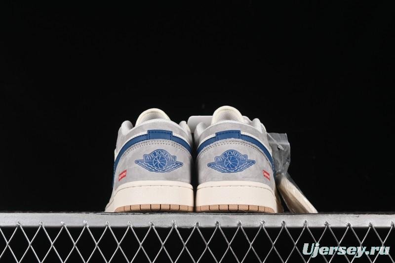 Nike Air Jordan 1 Low Supreme Collaboration - Retro Basketball Shoes in Blue and Gum Sole - SJ9950-022