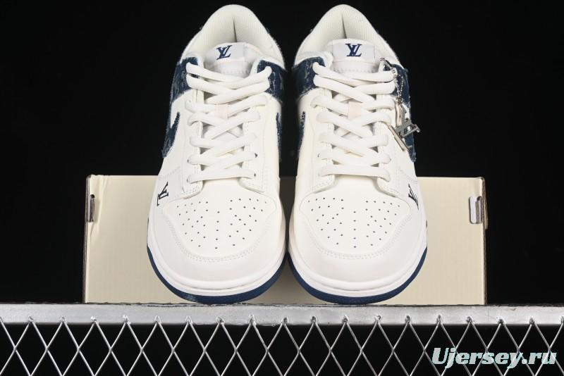Nike SB Dunk Low LV Collaboration - Dark Blue Denim White Blue Swoosh Anniversary High-End Custom Low-Top Casual Sneakers - DJ2024-008