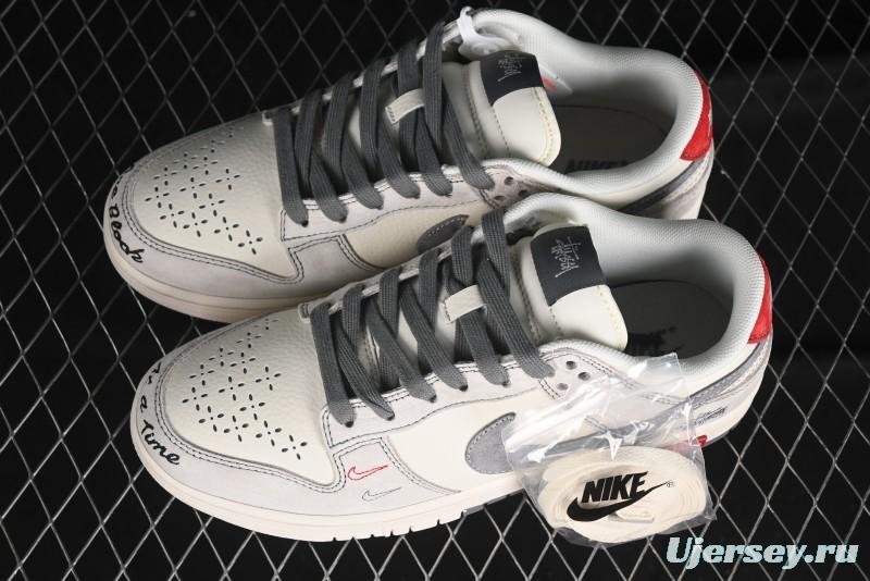 Nike SB Dunk Low Stussy Collaboration - Embroidered Grey Swoosh Anniversary Custom Low-Top Casual Sneakers - MM1089-033