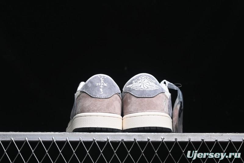 Nike Travis Scott x Fragment Design x Air Jordan 1 Low OG SP AJ1 OF Collaboration - Latte Grey Low Top Casual Sneakers - SJ2068-109