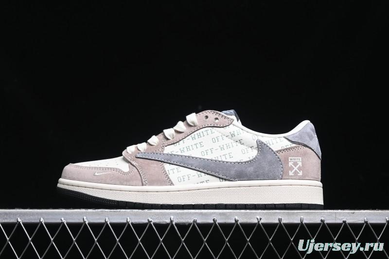 Nike Travis Scott x Fragment Design x Air Jordan 1 Low OG SP AJ1 OF Collaboration - Latte Grey Low Top Casual Sneakers - SJ2068-109