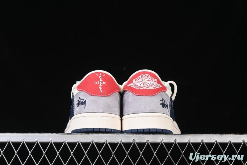 Nike Travis Scott x Fragment Design x Air Jordan 1 Low OG SP AJ1 Stussy Collaboration - Grey Blue Hook Lace Low Top Casual Sneakers - SJ0086-140