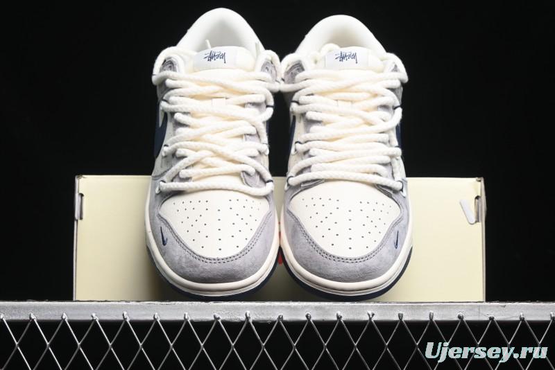 Nike SB Dunk Low Stussy Collaboration - Navy Blue Embroidery Swoosh Anniversary Custom Low-Top Casual Sneakers - SJ2068-296