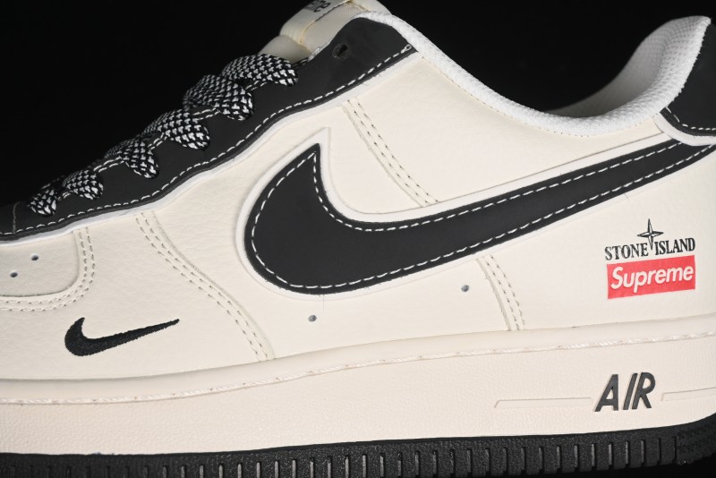 Nike Air Force 1 '07 Low Stone Island x Supreme Collaboration - Off-White Black Heel Casual Sneakers - BB1616-307
