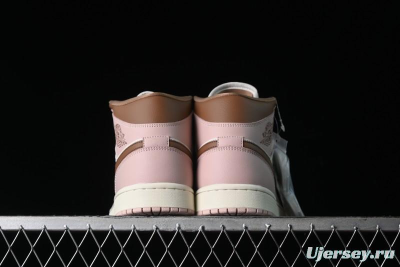 Nike Air Jordan 1 Mid AJ1 Basketball Shoes in Khaki Pink - BQ6472-620