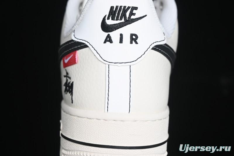 Nike Air Force 1 '07 Low Stussy Collaboration - White Black Swoosh Red Tab Low-Top Casual Sneakers - SJ6698-015