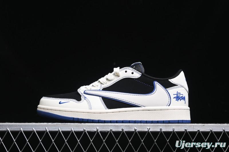Nike Travis Scott x Fragment Design x Air Jordan 1 Low OG SP AJ1 Stussy Collaboration - Black Blue Line Low Top Casual Sneakers - SJ2068-113