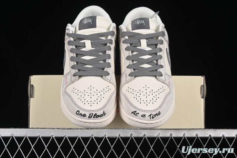 Nike SB Dunk Low Stussy Collaboration - Embroidered Grey Swoosh Anniversary Custom Low-Top Casual Sneakers - MM1089-033