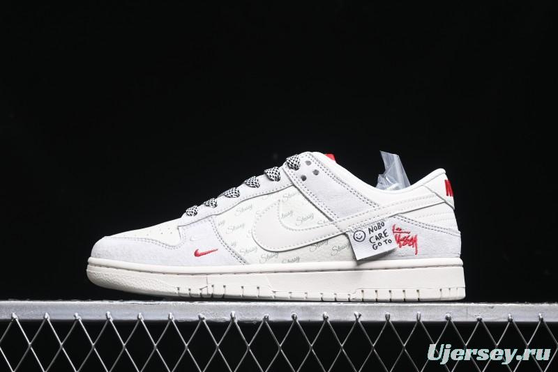 Nike SB Dunk Low Stussy Collaboration - Patchwork Grey White Swoosh Anniversary Custom Low-Top Casual Sneakers - YX5066-218