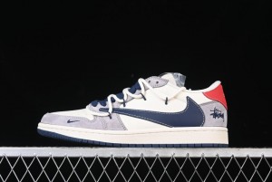 Nike Travis Scott x Fragment Design x Air Jordan 1 Low OG SP AJ1 Stussy Collaboration - Grey Blue Hook Lace Low Top Casual Sneakers - SJ0086-140