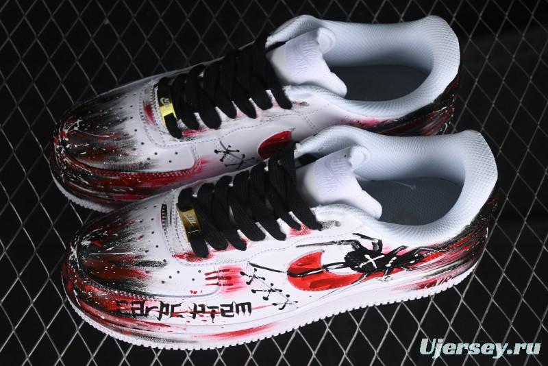 Nike Air Force 1 '07 Low Casual Sneakers with 2D Black and White Hand-Painted Blood Night Stitching Design - CW8822-011