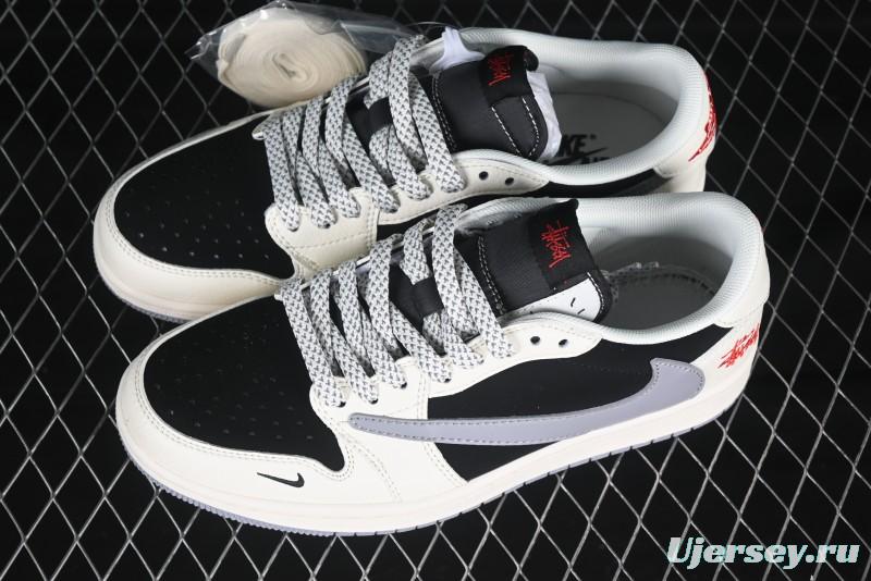 Nike Travis Scott x Fragment Design x Air Jordan 1 Low OG SP AJ1 Sneakers in Light Grey Black Patchwork - XZ6188-575