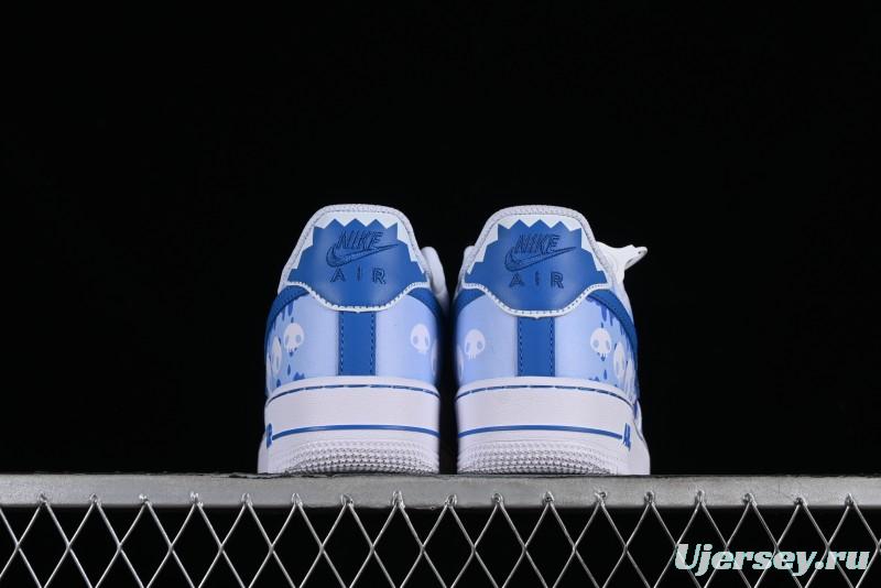 Nike Air Force 1 '07 Low Witch Collaboration Custom Leather Sneakers with Skull Design and Gradient White-Blue - CW2288-111