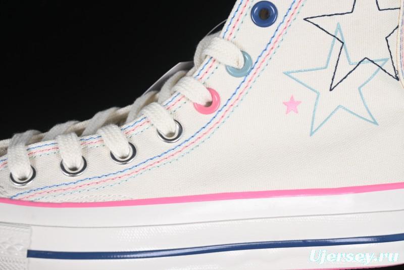 Converse Chuck 1970s High Top Casual Sneakers with Star Stitching and White-Pink-Blue Mismatched Design - A15744C