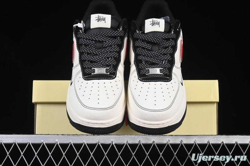 Nike Air Force 1 '07 Low Stussy Collaboration Black Stitch Red Swoosh Casual Sneakers - XS1958-518