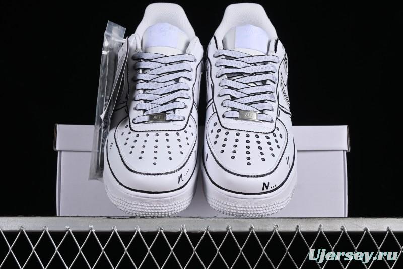 Nike Air Force 1 '07 Low Casual Sneakers with Black and White Hand-Drawn Manga Design - CW2288-811