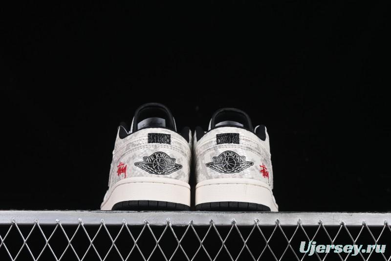 Nike Air Jordan 1 Low Retro Basketball Shoes - Stussy Grey Snake Custom - FC1688-200