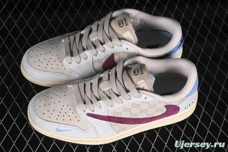 Nike Travis Scott x Fragment Design x Air Jordan 1 Low OG SP AJ1 Gucci Collaboration Low-Top Casual Sneakers with Pink Swoosh - CH6336-019