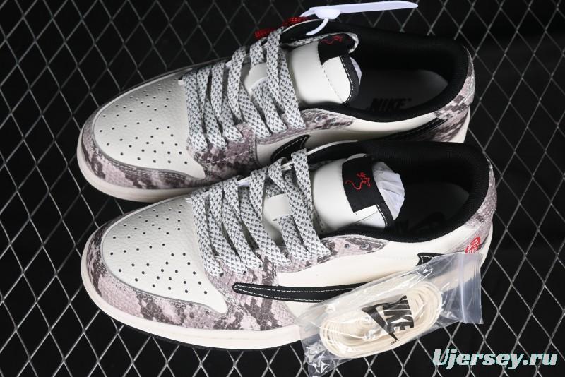 Nike Travis Scott x Fragment Design x Air Jordan 1 Low OG SP AJ1 Snake Year Limited Grey White Snake Scale Low-top Casual Sneakers - XX3318-518
