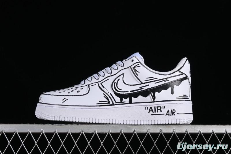 Nike Air Force 1 '07 Low Casual Sneakers with Black and White Hand-Drawn Manga Design - CW2288-811
