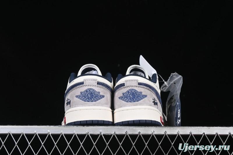 Nike Air Jordan 1 Low Stussy Collaboration Blue Suede Retro Basketball Shoes - SJ9950-035