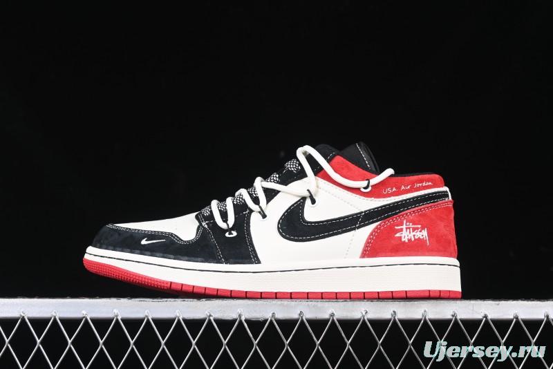 Nike Air Jordan 1 Low Stussy Collaboration - Black Red Custom High-End Retro Basketball Shoes - SJ9950-048