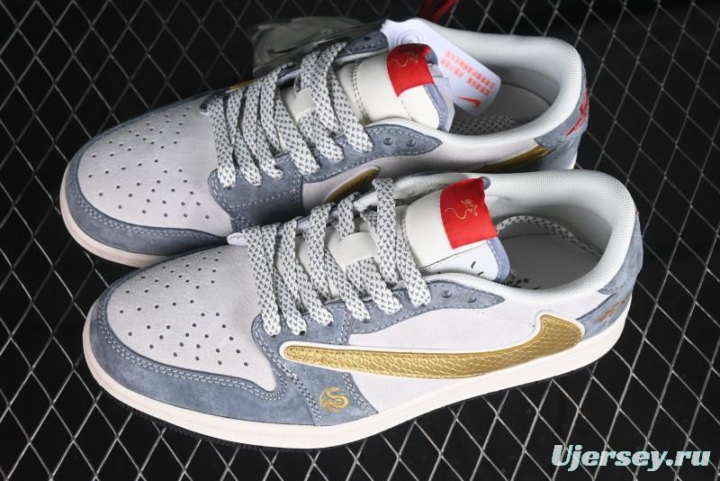 Nike Travis Scott x Fragment Design x Air Jordan 1 Low OG SP AJ1 Snake Year Limited Gold Snake Low-top Casual Sneakers - XZ2025-288