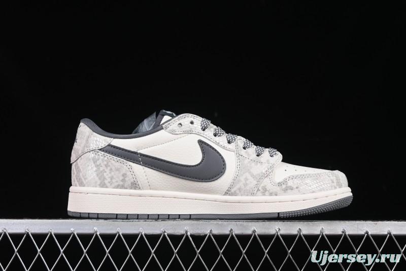 Nike Travis Scott x Fragment Design x Air Jordan 1 Low OG SP AJ1 Snake Year Limited Grey Snake Scale with Grey Swoosh Low-top Casual Sneakers - XS3086-009