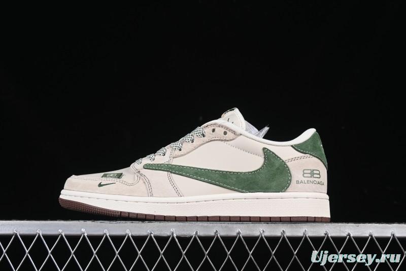 Nike Travis Scott x Fragment Design x Jordan Air Jordan 1 Low OG SP AJ1 Paris Collaboration Suede Green Swoosh Low-Top Casual Sneakers - XS3086-015