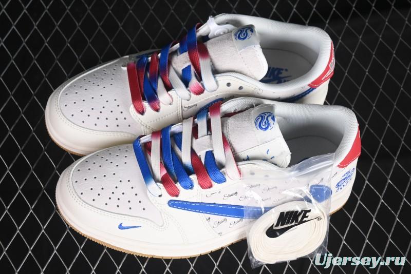 Nike Travis Scott x Fragment Design x Air Jordan 1 Low OG SP AJ1 Snake Year Limited Blue Swoosh Gum Sole Low-top Casual Sneakers - XS3086-011