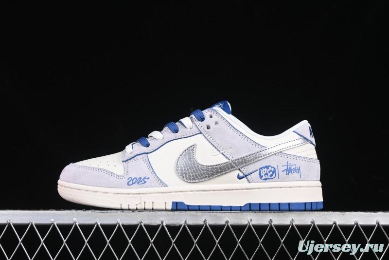 Nike SB Dunk Low Stussy Year of the Snake Collaboration Light Blue Silver Swoosh Anniversary Custom Low-Top Casual Sneakers - DM6868-010