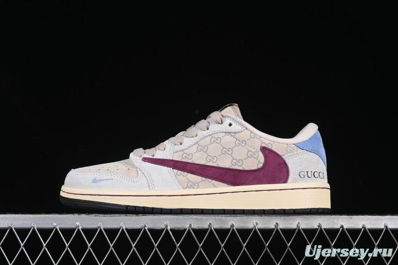 Nike Travis Scott x Fragment Design x Air Jordan 1 Low OG SP AJ1 Gucci Collaboration Low-Top Casual Sneakers with Pink Swoosh - CH6336-019
