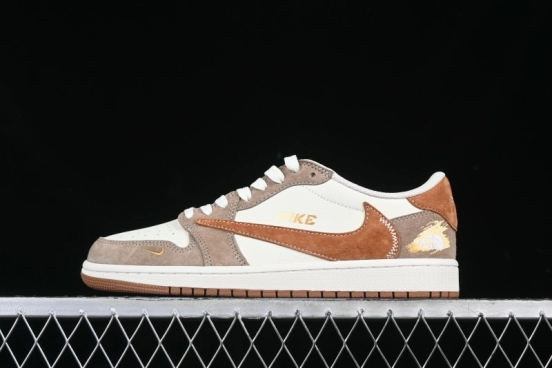 Nike Travis Scott x Fragment Design x Air Jordan 1 Low OG SP AJ1 Mocha Gold Low-top Casual Sneakers - DM7866-040