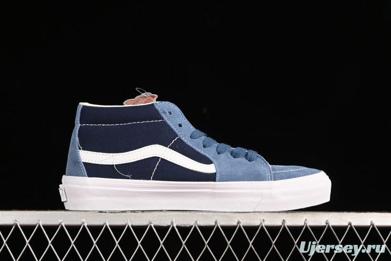 Vans Sk8-Mid Reissue 83 High-End Retro Skate Shoes with Blue Patchwork Suede - VN000CQQDWR