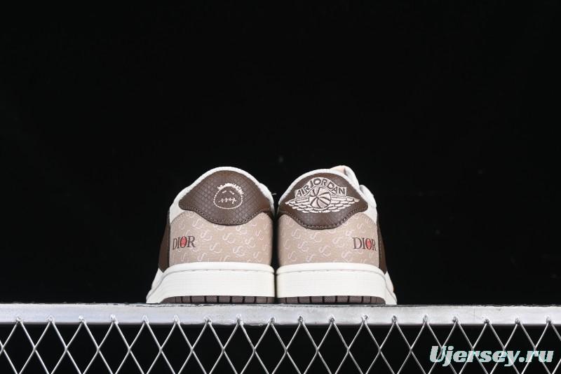 Nike Travis Scott x Fragment Design x Air Jordan 1 Low OG SP AJ1 Snake Year Limited Brown Snake Print Low Top Casual Sneakers - DM7866-074