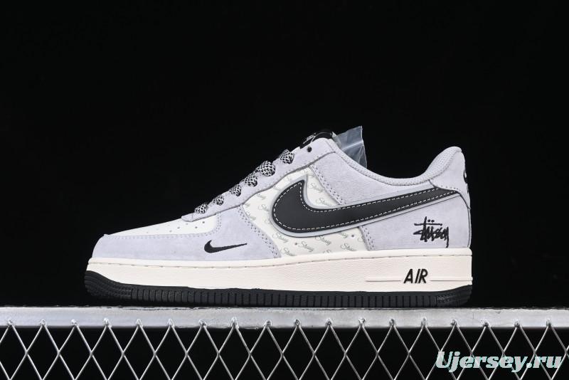 Nike Air Force 1 '07 Low Stussy Collaboration Grey Pigskin Black Swoosh Low-Top Casual Sneakers - XZ3318-099
