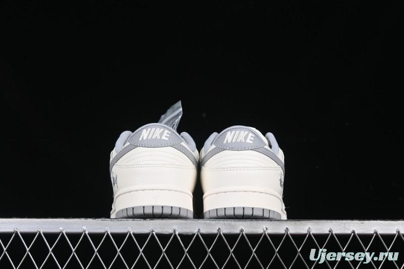Nike SB Dunk Low Stussy Collaboration Light Grey Brushed Swoosh Anniversary Custom Low-Top Casual Sneakers - XX2025-608