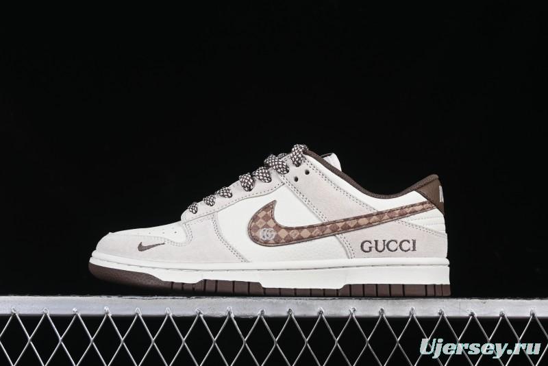 Nike SB Dunk Low Gucci Collaboration Monogram Beige Brown Swoosh Anniversary Custom Low-Top Casual Skate Shoes - DJ2024-059