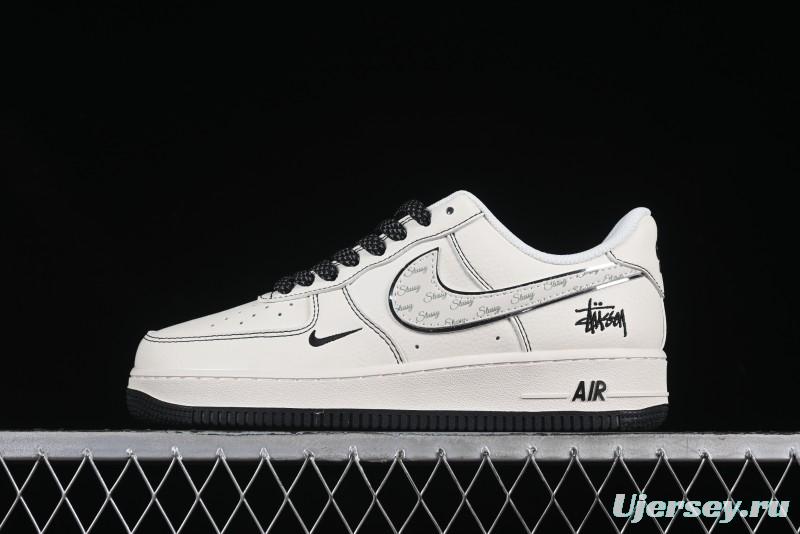 Nike Air Force 1 '07 Low Stussy Collaboration Beige Black Floral Swoosh Casual Sneakers - HH7518-040