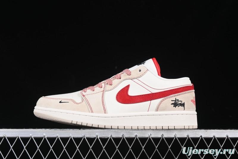 Nike Air Jordan 1 Low Stussy Collaboration Khaki Red Hook Retro Basketball Shoes - SJ9950-040