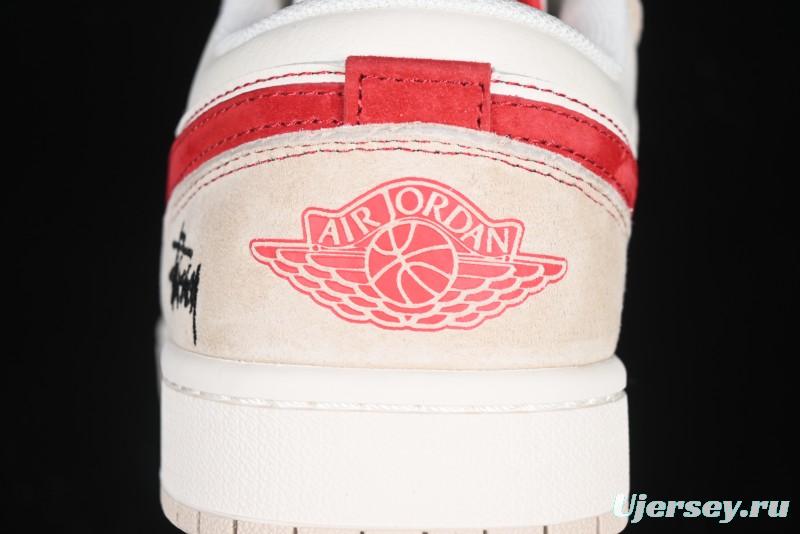 Nike Air Jordan 1 Low Stussy Collaboration Khaki Red Hook Retro Basketball Shoes - SJ9950-040